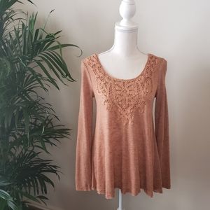 Long Sleeved Sweater with Crocheted Lace Neck